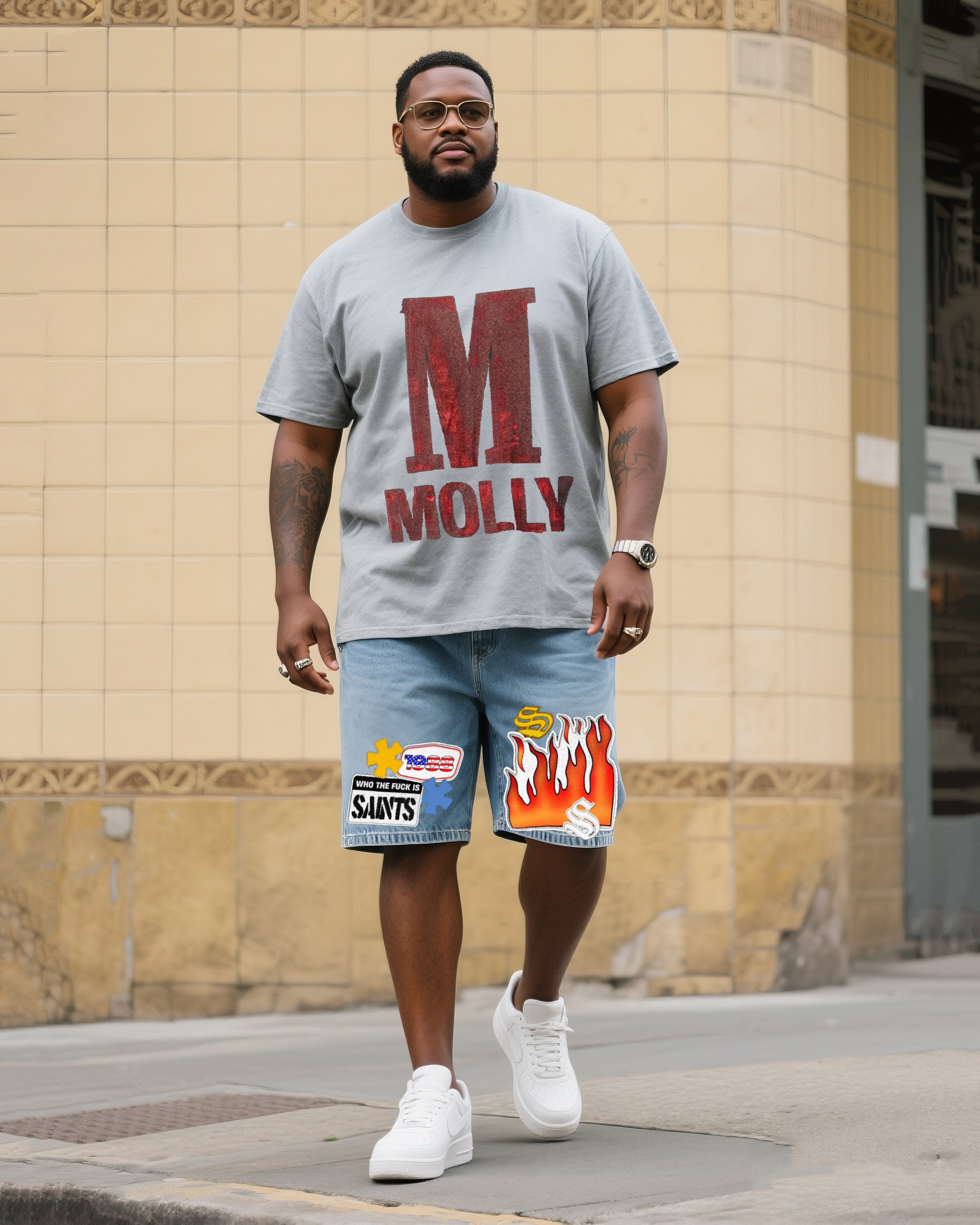Big & Tall Men's Fashion Street Personality MOLLY T-Shirt Small Label Shorts Denim Suit