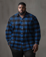 Men's Classic Casual Big & Tall Blue Black Plaid Long Sleeve Lapel Shirt