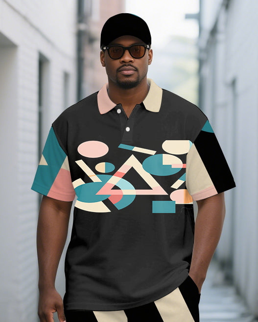 Men's Classic Geometric Printed Casual Big and Tall Short-Sleeve Polo Shirt & Shorts Set