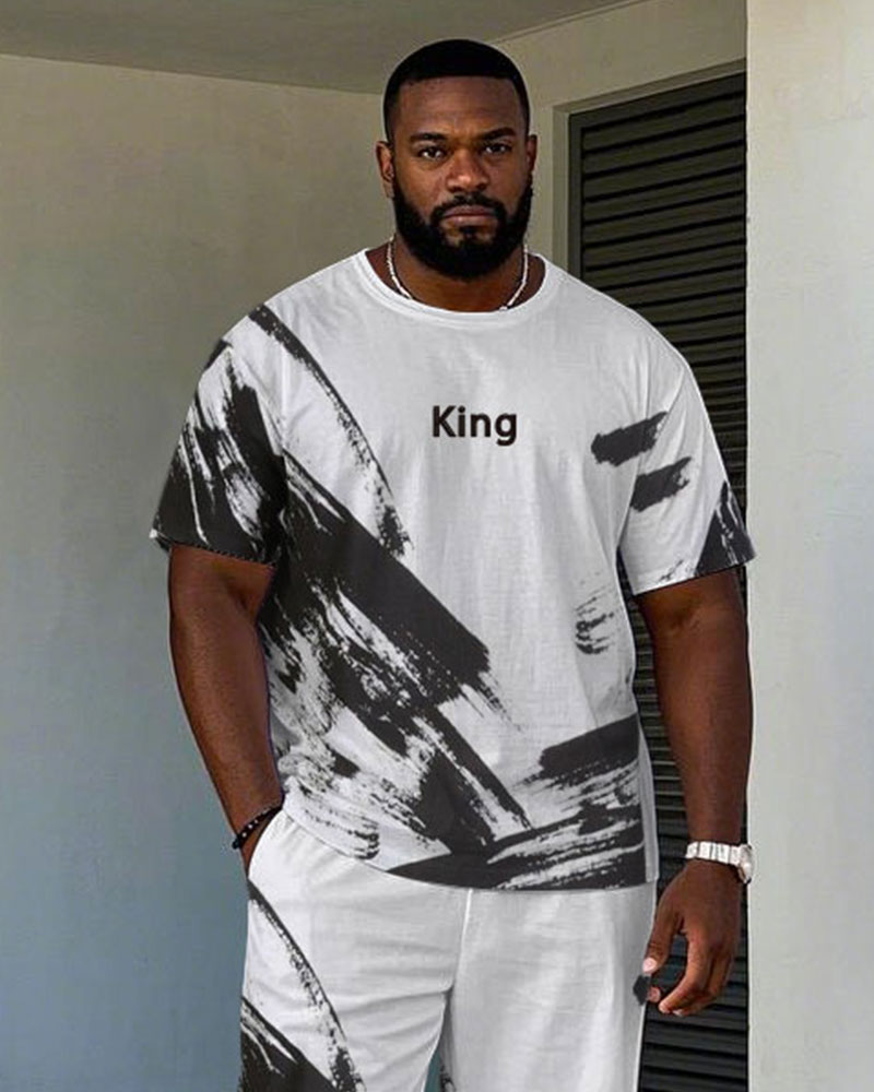 Men's Plus Size Street Fashion Brush Hand-painted Chest King Printed Short-sleeved T-shirt Trousers Suit