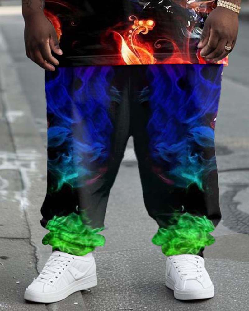 Men's Plus Size Street Fashion Flame Skull Print T-Shirt Trousers Suit