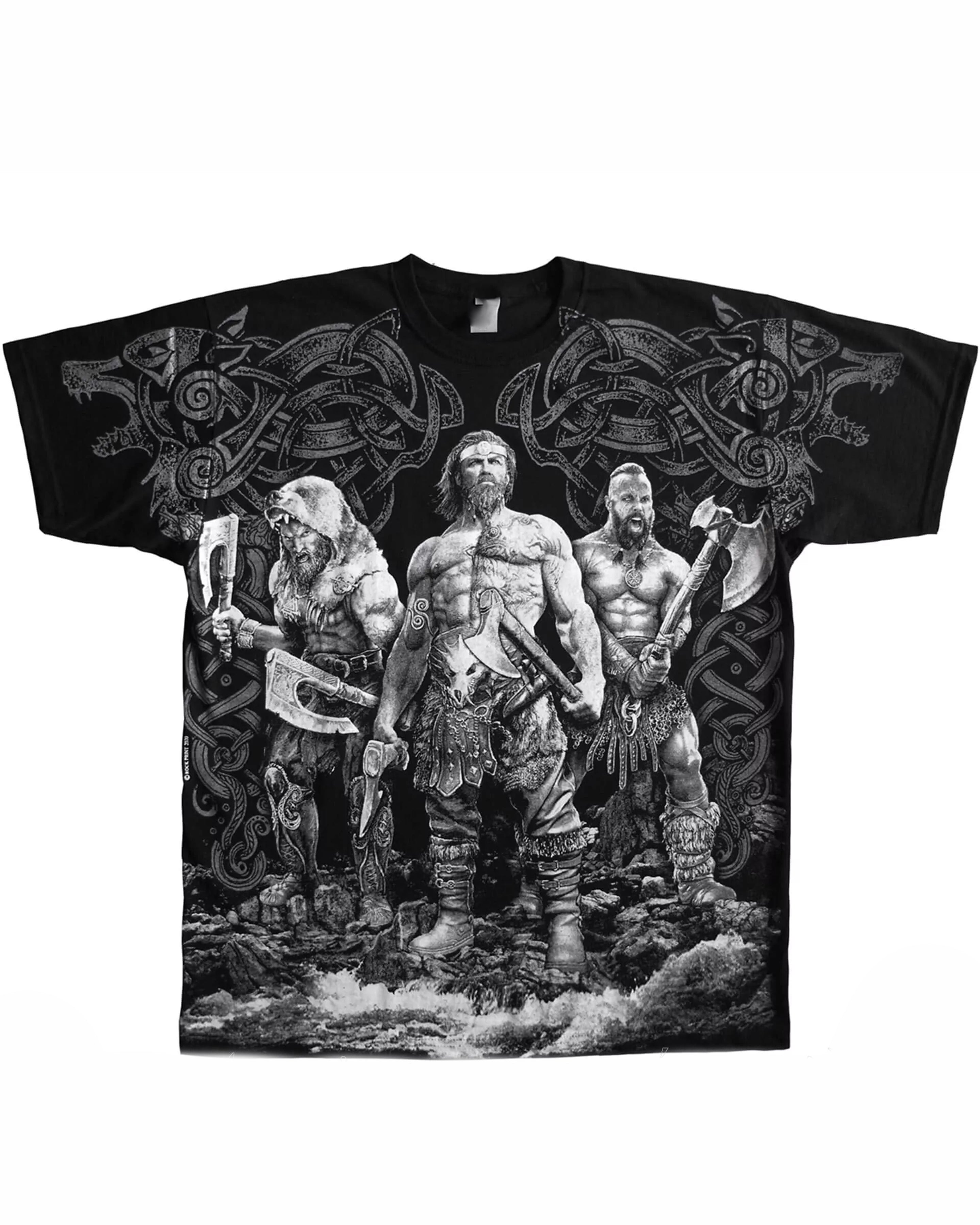 Plus Size Black Printed T-Shirt Men's T-Shirt With Three Fierce Warriors-Printed Front And Back