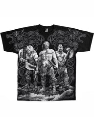 Plus Size Black Printed T-Shirt Men's T-Shirt With Three Fierce Warriors-Printed Front And Back