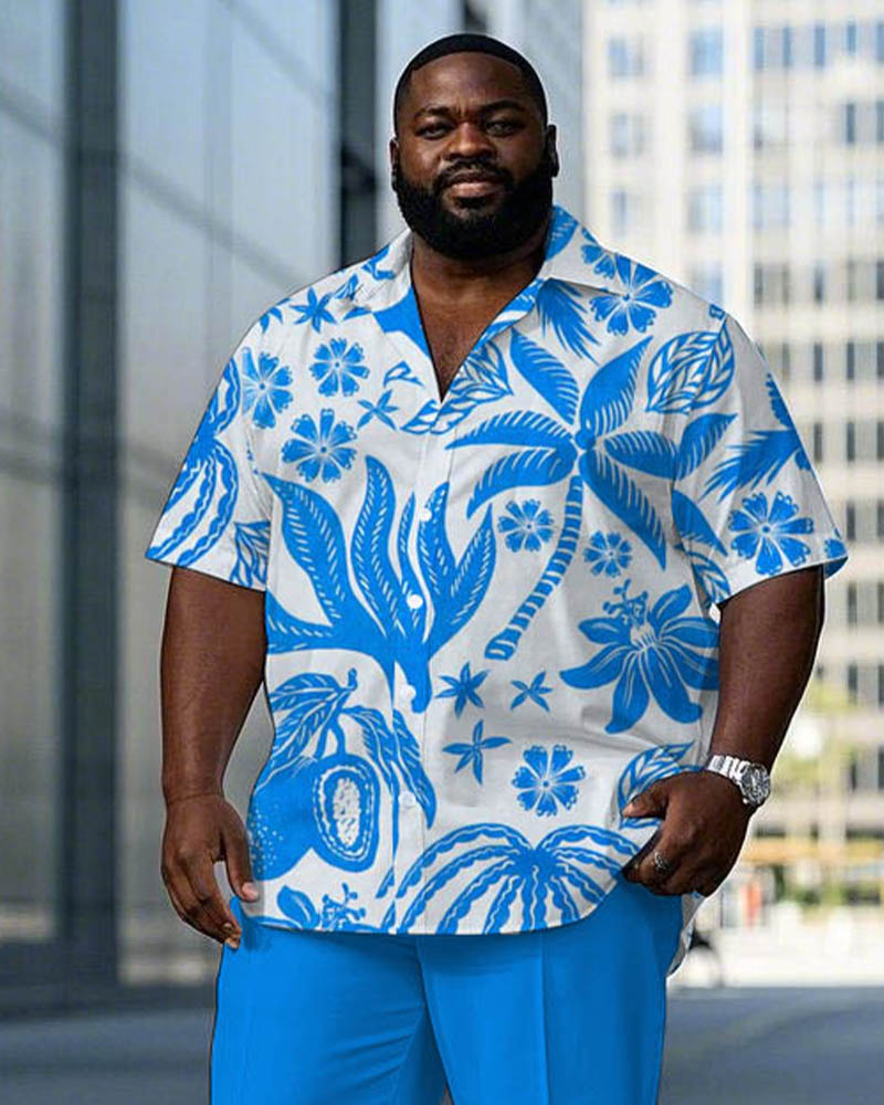 Hawaiian Blue Plant World Pattern Short Sleeve Shirt Trousers Set Big & Tall Men