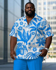 Hawaiian Blue Plant World Pattern Short Sleeve Shirt Trousers Set Big & Tall Men