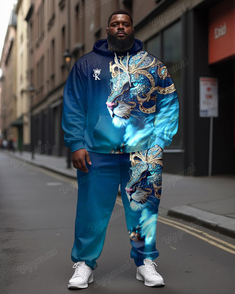 Big Men's Street Fashion Blue Lion K Letter Print Hoodie Set