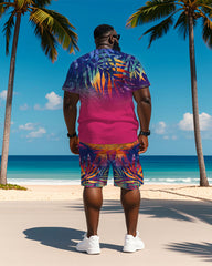 Big & Tall Men's Hawaiian Purple Gradient Leaf Print Round Neck Short Sleeve T-Shirt Shorts Suit