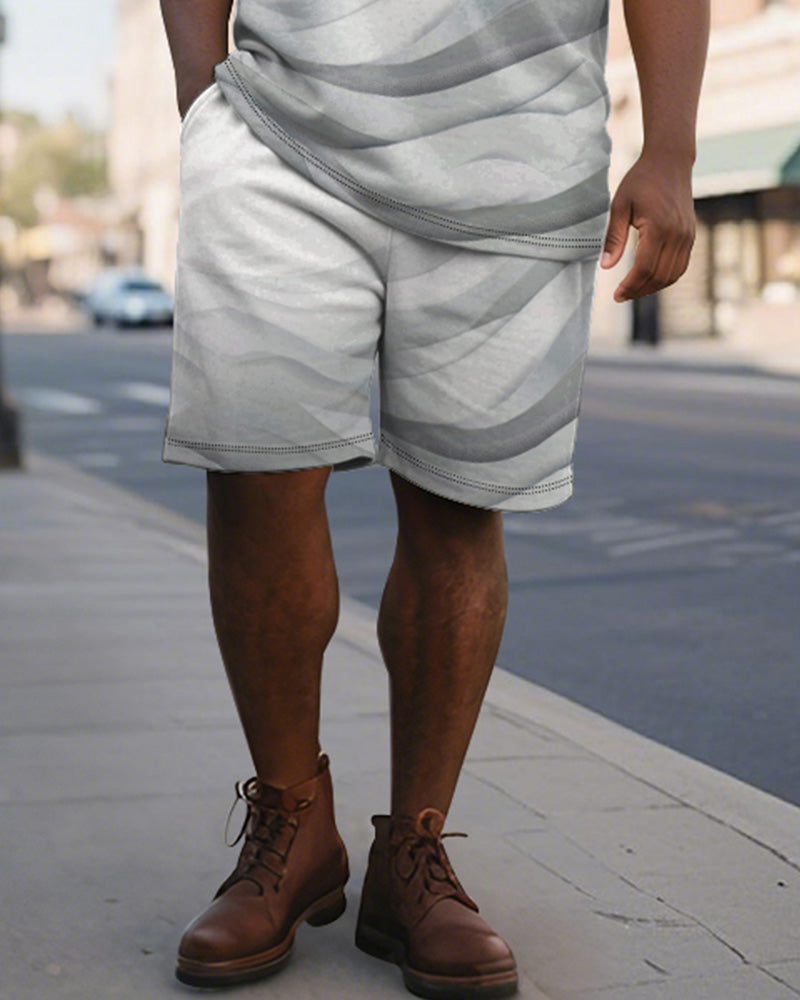 Big & Tall Men's Business Light Gray Line Gradient Print Short-sleeved Polo Shirt Shorts Suit