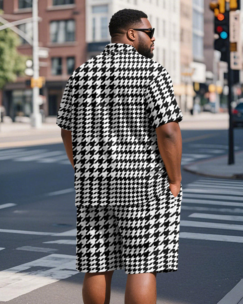 Men's Plus Size Business Black Houndstooth Print Short Sleeve Polo Shirt Shorts Suit