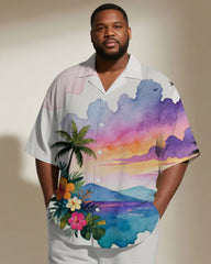 Big & Tall Men's Hawaiian Purple Ink Sunset Coconut Tree Printed Short Sleeve Shirt Pants Suit