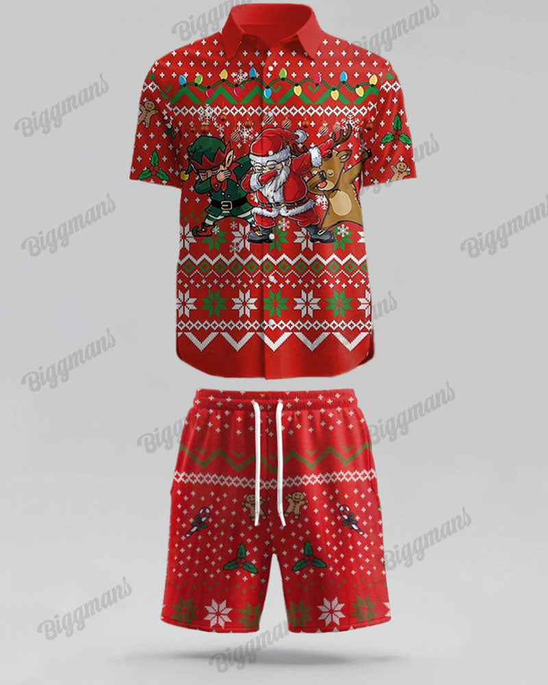 Men's Big & Tall Christmas Red Cartoon Funny Print Short Sleeve Shirt Shorts Set