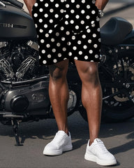 Big Man's Street Motorcycle Style White Small Dot Black Short Sleeve Shirt Shorts Suit
