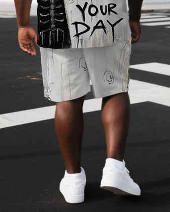 Men's Happy Ghost Illustration Your Day Back Print Big & Tall Cool Short-Sleeve T-shirt Shorts Set