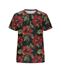 Men's Plus Size Hawaiian Red Floral Print Henry Collar Button Short Sleeve Tee