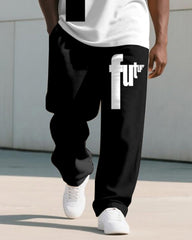 Men's Plus Size Black And White Future Letter Print T-shirt Trousers Suit