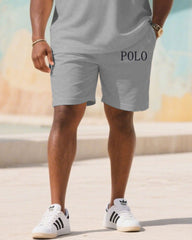 Big & Tall Men's Summer Grey Business Small Label Printed Polo Short Sleeve Shirt Shorts Suit