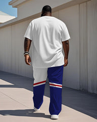 Men's Plus Size Blue And Red Stripe Colorblock Alphabet Print Henry Collar T-Shirt Trousers Suit