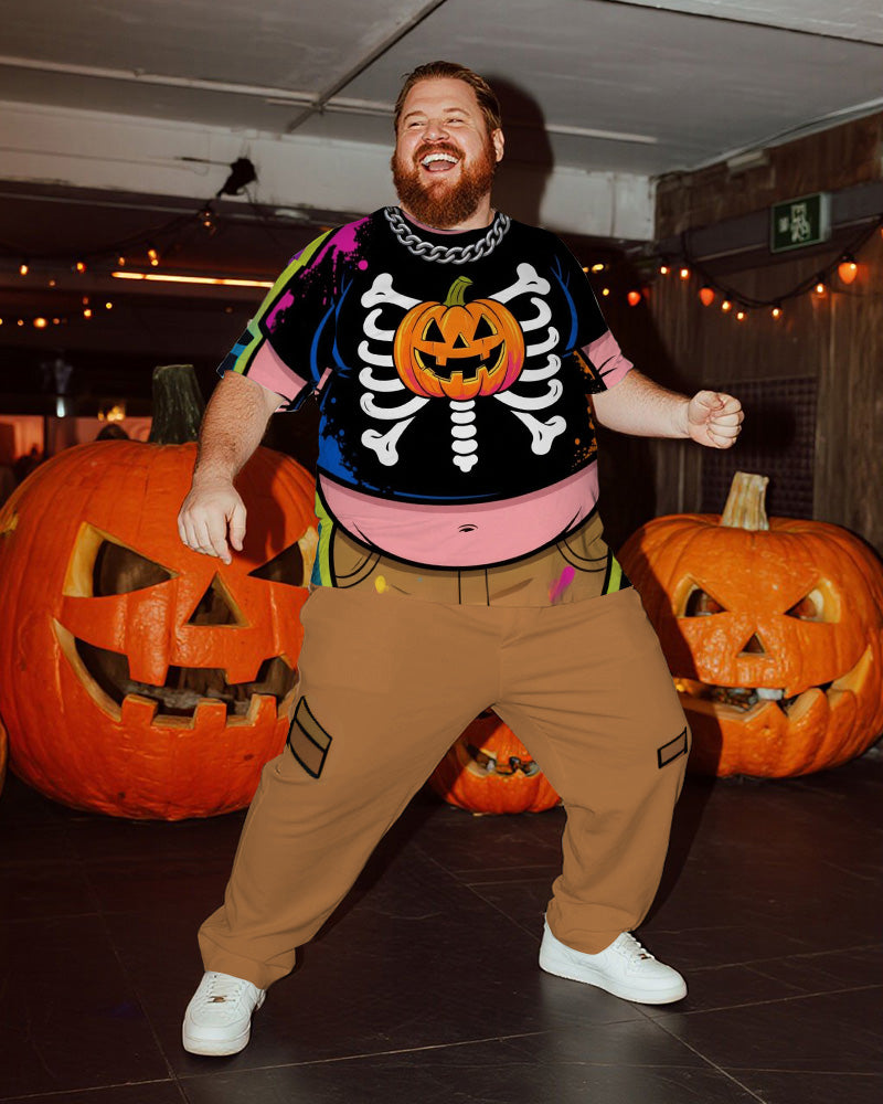 Big & Tall Men's Halloween Pumpkin Skull Belly Cosplay Printed T-Shirt Trousers Suit