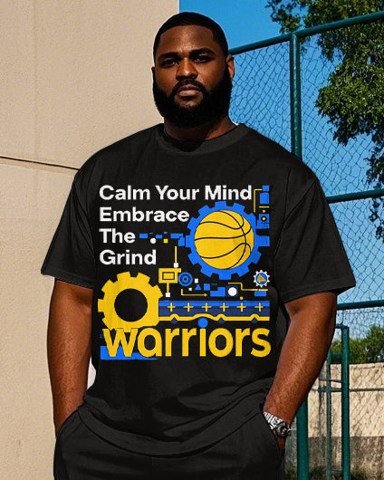 Big Men's Street Fashion Mechanical Basketball Letter Printed Short Sleeve T-shirt Pants Set