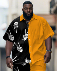 Men's Plus Size Street Fashion Black And Yellow Colorblock Skull Gesture Printed Shirt Shorts Suit