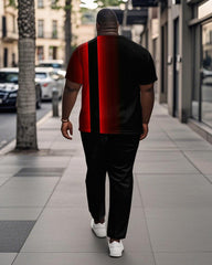 Men's Plus Size Black And Red Gradient Colorblock Alphabet Print Henry Collar T-Shirt Trousers Suit