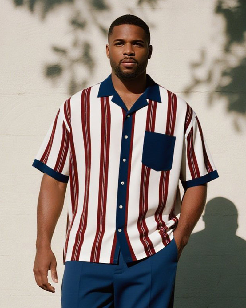 Big & Tall Men's Business Wine Red Blue Colorblock Striped Printed Pocket Short Sleeve Shirt Trousers Suit