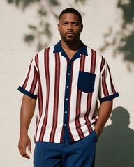 Big & Tall Men's Business Wine Red Blue Colorblock Striped Printed Pocket Short Sleeve Shirt Trousers Suit