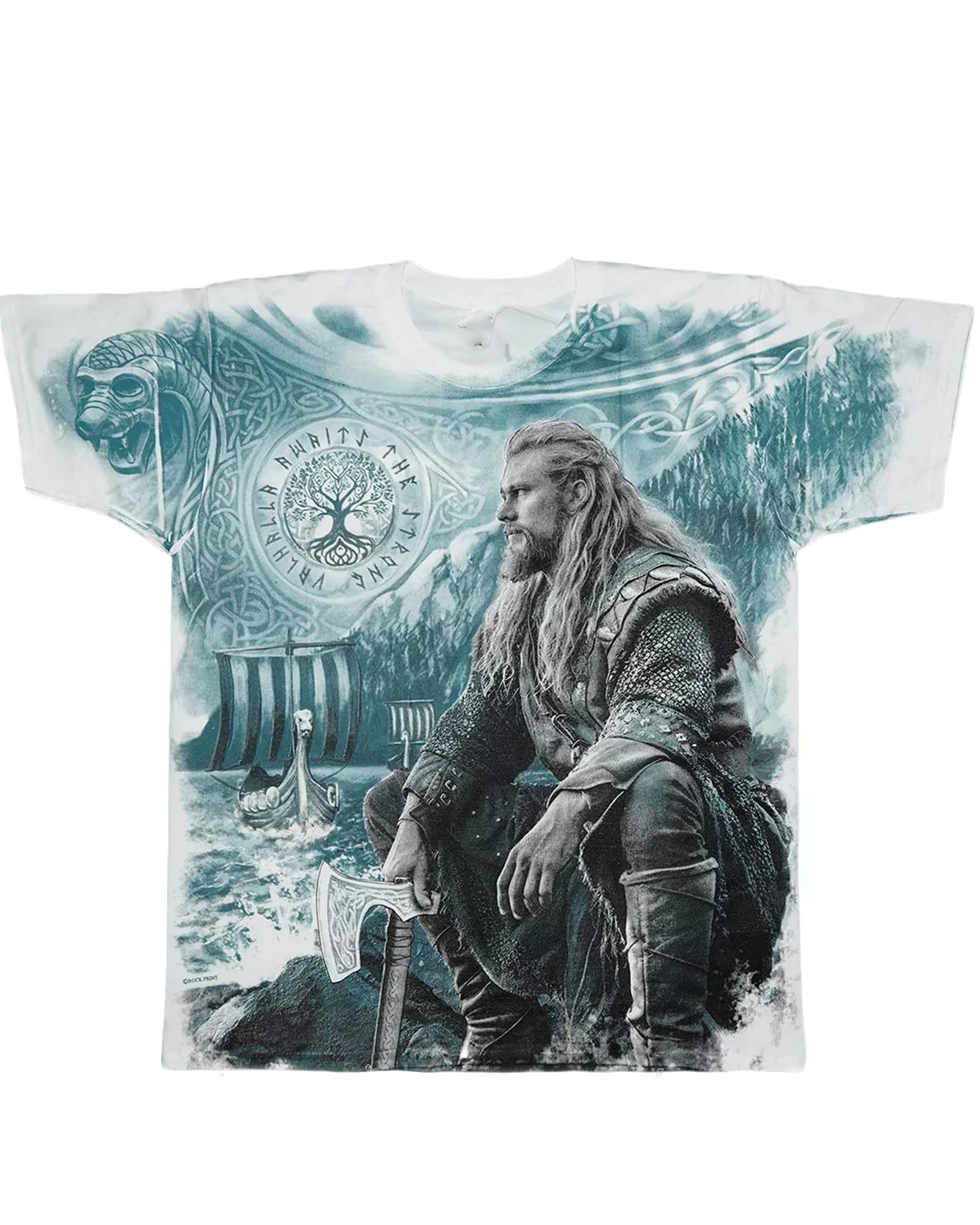 White T-shirt With A Viking Warrior Print In A Traditional Nordic Warrior Costume