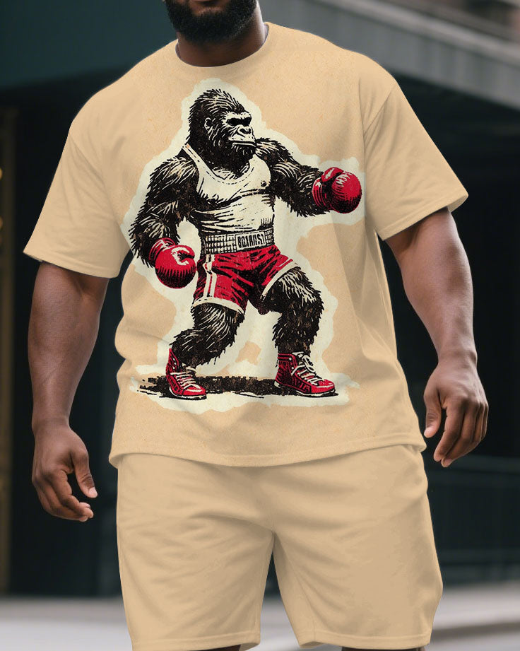 Men's Big & Tall Gorillas Boxing Athlete Cartoon Print Casual Short-Sleeved T-shirt & Short Set
