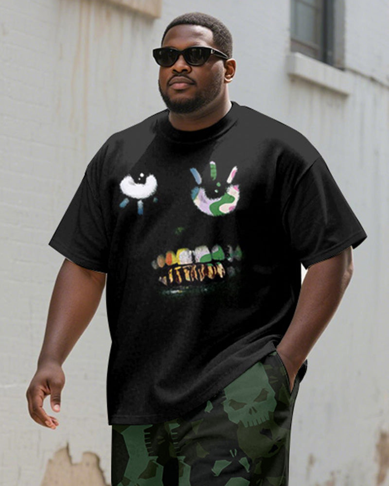 Men's Plus Size Street Graffiti Camouflage Skull Print Round Neck Short Sleeve T-Shirt Shorts Suit
