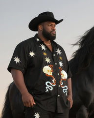 Big & Tall Men's Daily Leisure Western Wind Stars & Skull & Rattlesnake-Short Sleeve Shirt Pants Suit