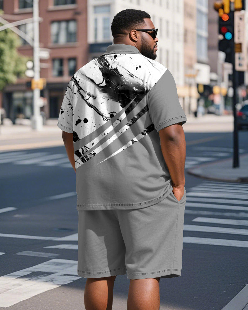 Big & Tall Men's Business Grey Geometric Ink Print Short Sleeve Polo Shirt Shorts Suit
