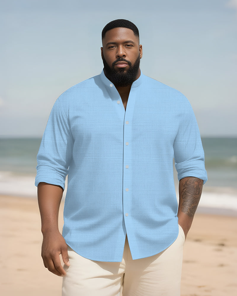 Big & Tall Men's Daily Solid Color Bamboo Hemp Texture Stand Collar Long Sleeve Shirt