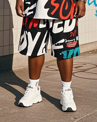 Plus Size Men's Creative Graffiti Personalized English Printed T-Shirt Shorts Suit