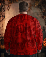 100% Cotton-Skull Continuous Print Men's Loose Plus Size Long Sleeve T-Shirt