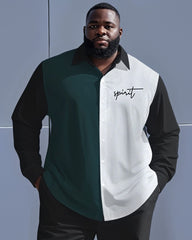 Men's Plus Size Green White Black Colorblock Letter Print Long Sleeve Shirt Trousers Suit