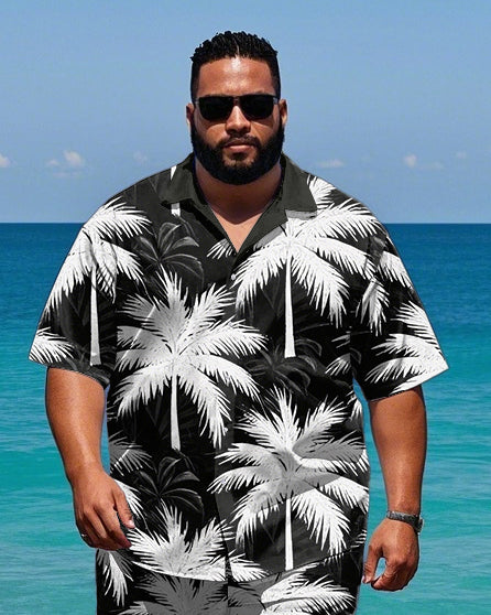 Big Men's Daily Casual Hawaii Theme Abstract Coconut Trees Printed Short Sleeve Shirt Shorts Set