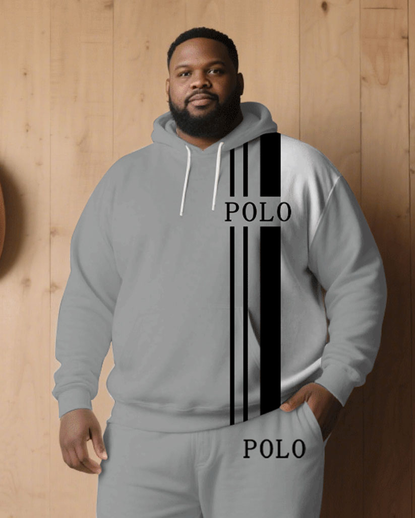Big & Tall Men' Autumn And Winter Gray & White & Black Stitching Simple Chest Small Label Printed Hoodie Suit