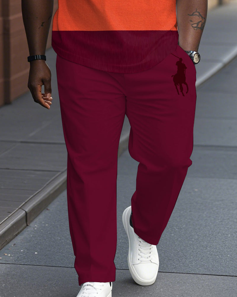 Red Colorblock Chest Logo Jacquard Casual Polo Shirt Trousers Suit Men's Plus Size