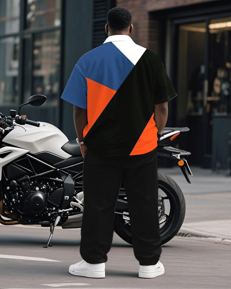 Men's Plus Size Business Blue Red Color Block Striped Geometric Print Short Sleeve Shirt Trousers Suit