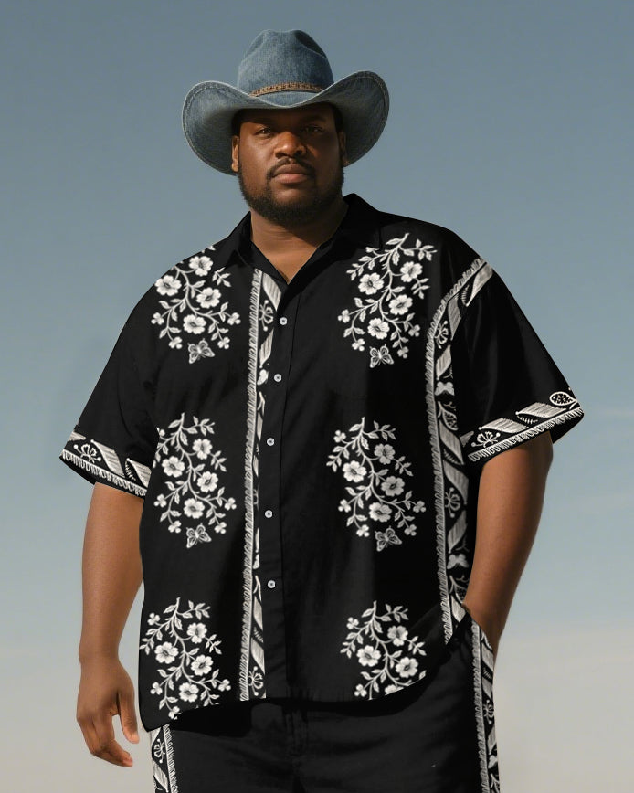 Big and Tall Men's Ethnic Floral Printed Western Outdoor Short-Sleeve Shirt Pants Sets