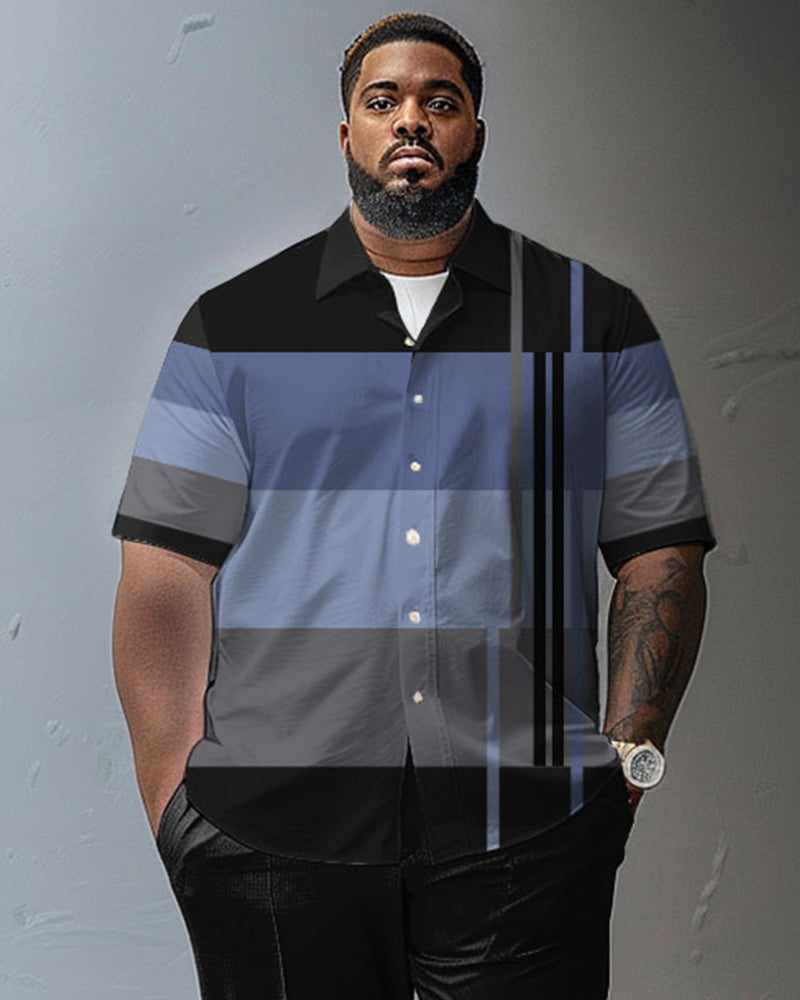 Striped Color Contrast Big & Tall Classic Printed Men's Short Sleeve Pants Set