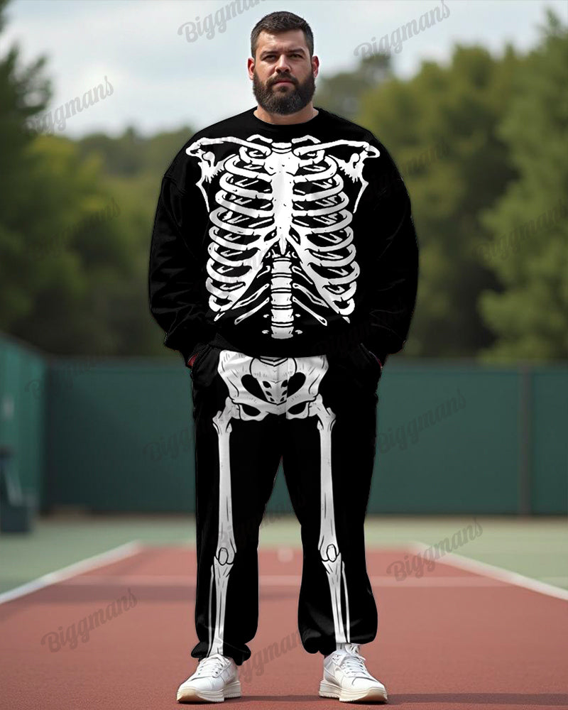 Front And Back Human Skull Print Big Men's Sweatshirt Two-Piece Set