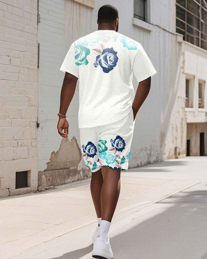 Men's Plus Size Street White Graffiti Rose Print Round Neck Short Sleeve T-Shirt Shorts Suit