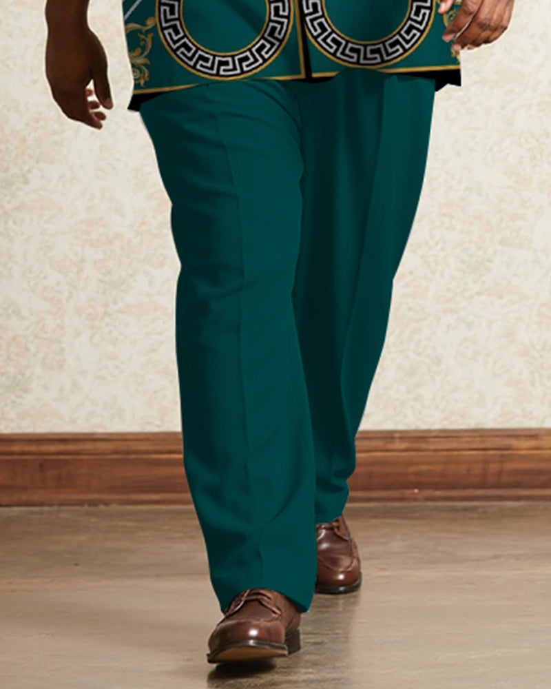 Big & Tall Men's Business Green Luxury Pattern Printed Short Sleeve Shirt Trousers Suit