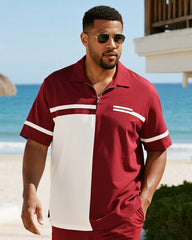 Big & Tall Men's Business Red Stripe Colorblock Printed Short Sleeve Zipper Polo Shirt Shorts Suit