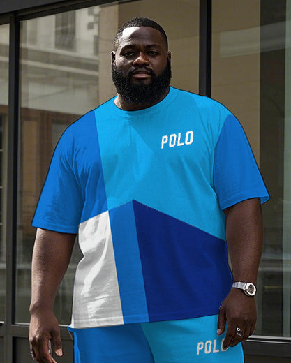 Men's Street Fashion Color Block POLO Letter Printed Big and Tall Casual Short Sleeve T-shirt Pants Set