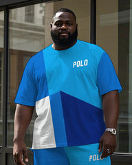 Men's Street Fashion Color Block POLO Letter Printed Big and Tall Casual Short Sleeve T-shirt Pants Set