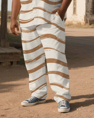 Big and Tall Men's Simple Stripes Printed Western Short-Sleeve Shirt Pants Sets