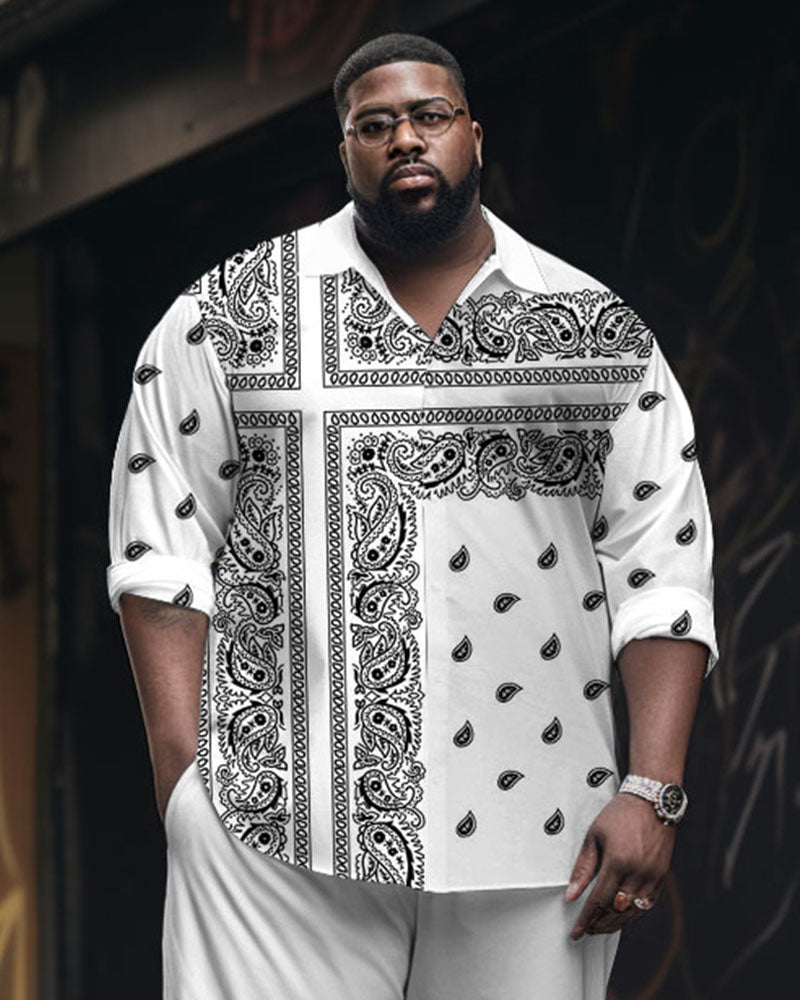 Men's Plus Size Street Fashion White Vintage Cashew Pattern Long Sleeve Shirt Trousers Suit
